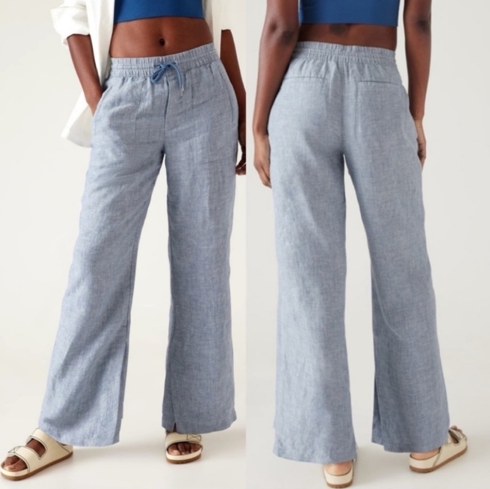 Athleta Retreat Chambray Wide-leg Slit Hem Drawstring Pocket Tall Pants NWOT